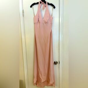 BCBG Pale Pink Satin Halter Top Gown with small train. Size S.